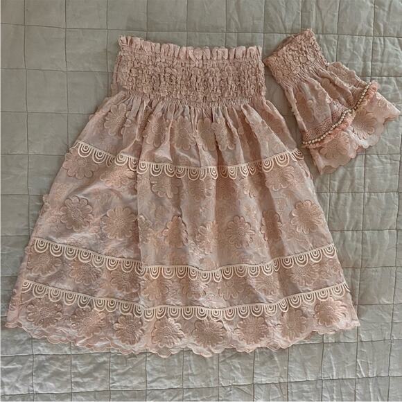 Laurie & Joe Pastel Peach Embroidered Boho Flower Strapless Babydoll Dress - M/L - Picture 3 of 10